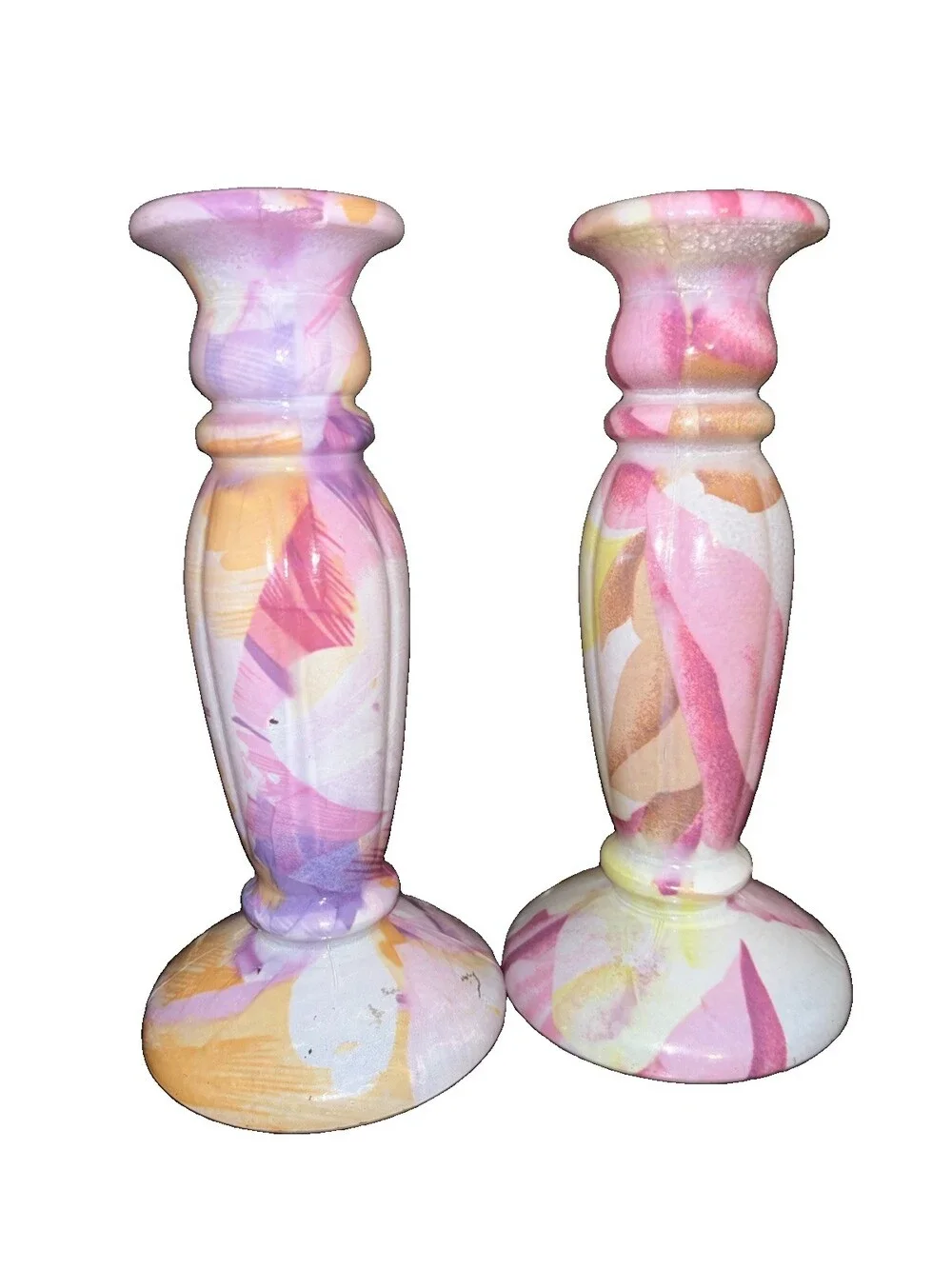 Decorated Glass Candle Holder PAIR 9 inch Pink Yellow Abstract